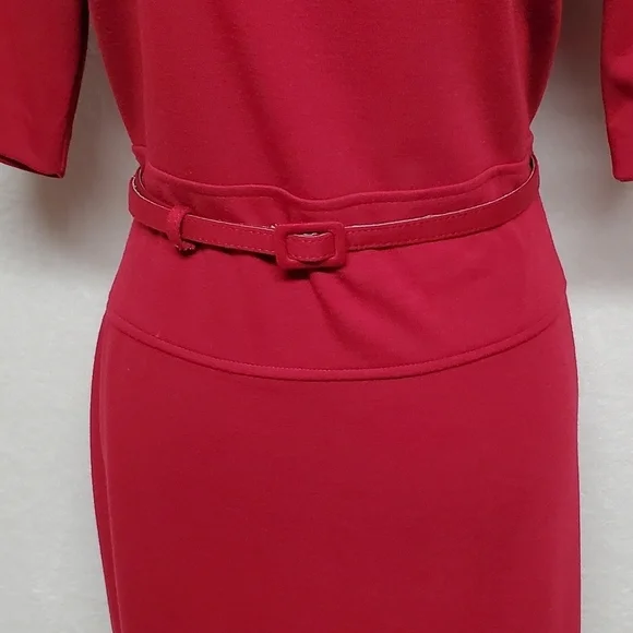 Retro Julian Taylor Red Front Ruffle Scoop Neck Belted Short Sleeve Midi Dress - Picture 5 of 15
